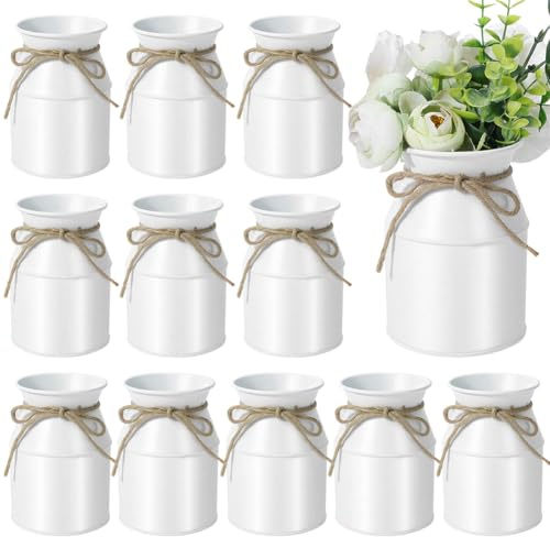 DELORIGIN 12PCS Farmhouse Metal Flower Vases 3.7 Rustic Milk Can Vase Vintage Iron Bucket Vase for Farm House Home Wedding Dining Room Fall Decorative Country Table Centerpieces (White)
