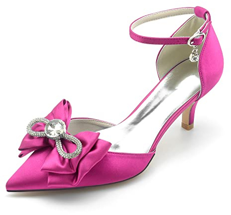 HFWXYSA Femmes Fermé Pointu Bout Diamant Mariage Talon Heel Lanières Cheville Nœud Papillon Kitten Escarpins 6 CM Heels,Fuchsia,36 EU