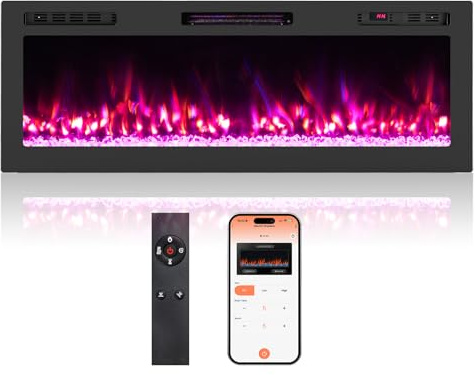 GOPLUS 50 Elektrokamin mit Heizung, elektrischer Kamin mit APP-Steuerung, 750W/1500W, Einbaukamin mit 12 Flammen- und Glutbettfarben, deko Wandkamin mit 12H Timer & Fernbedienung, Led Kamin für Haus