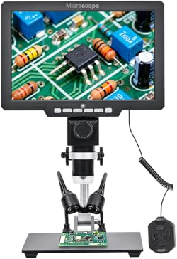Goshyda Microscopio Digital 2000X, Microscopio de Soldadura con Pantalla de 10,1 Pulgadas para Reparación Electrónica, con Almacenamiento de 32 GB, Cámara HD de 12 MP (con batería Enchufe Europeo