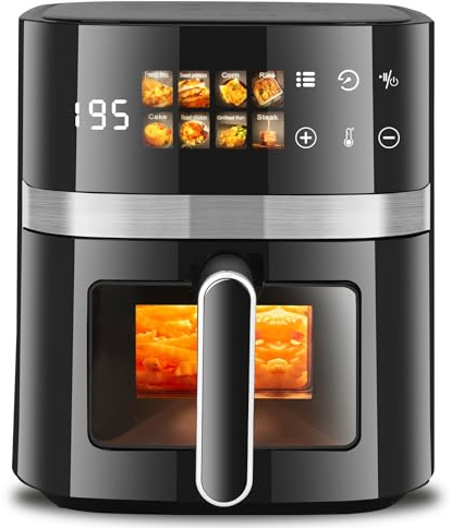 RAYPOW Freidora de Aire 6L 1350W, Horno Multifunción con Pantalla Táctil LED, Control de Temperatura 80-200°C, Temporizador 60 min,bajo consumo,Cocina sana sin aceite,fácil de usar y limpiar