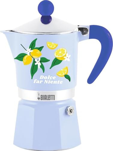 Bialetti Cafetera Moka Rainbow Dolce Far Niente de 3 Tazas Azul con Limones Aluminio 130 ml Preparación Manual de café Espresso