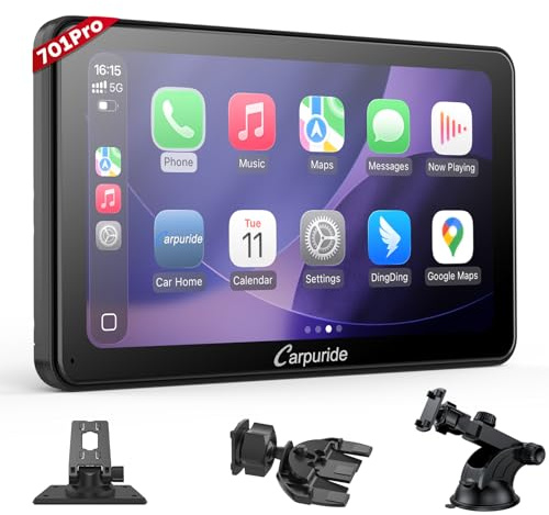 Carpuride W701 Pro med Bluetooth trådlös överföring, bärbar bilradio med CarPlay och Android Car, 17,8 cm pekskärm, MirrorLink/GPS/Siri/FM, inkluderar 3 monteringsfästen