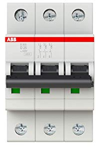ABB S203-D25 Miniatur-Leitungsschutzschalter, 3-polig, Typ D, 6/10 kA Schaltleistung, 25 A Strom (2CDS253001R0251), mehrfarbig