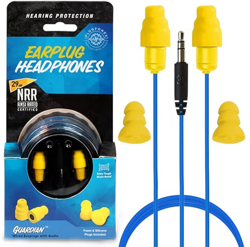 Plugfones Guardian Earplug Headphones - OSHA Approved Noise Isolating in-Ear Earbuds with Hearing Protection - Wired Hybrid for Work and Travel - Includes Silicone and Foam Earplugs - Blue & Yellow