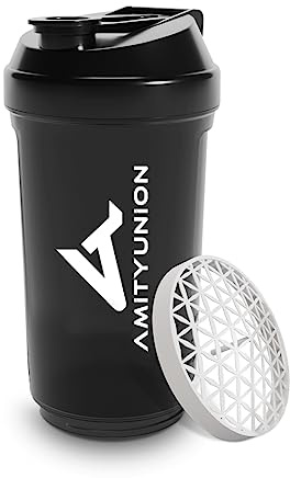 AMITYUNION Shaker à protéines 700 ml FYRA étanche - sans BPA avec compartiment à poudre, tamis et balance pour shakes crémeux, tasses, shakers pour isolants et concentrés Iso Sport, Sombre