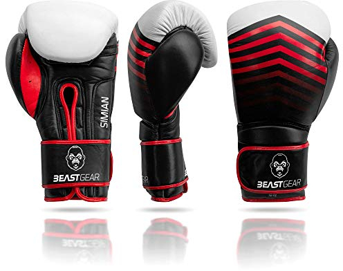 Beast Gear Boxing Gloves – Simian Model Genuine Cowhide Leather Training Gloves - For Punch Bag, Pads, Sparring (strap, 16 oz)