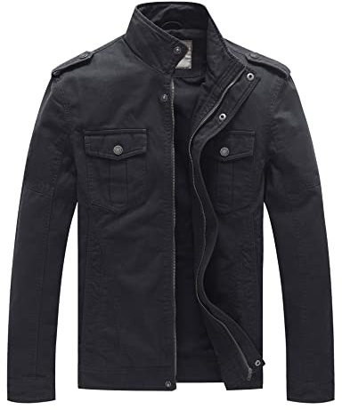 WenVen Chaqueta Militar Otoño Chaqueta Clásica al Aire Libre Chaqueta de Algodón Cásica Casual Rompevientos Cremallera Delgada Hombres Gris Large