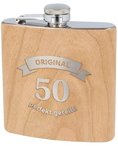 Spruchreif · Flachmann aus Edelstahl mit Gravur und hochwertiger Echtholz Veredelung · perfekte Geschenkidee zum 50. Geburtstag (Original 50 - perfekt gereift)