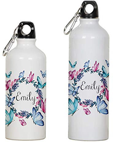 Printtoo Bouteille d'eau en Aluminium Nom Personnalisé Couronne Papillon Imprimer Une Bouteille De Sport Personnalisée pour Enfants avec Mousqueton 650ml/21.9oz