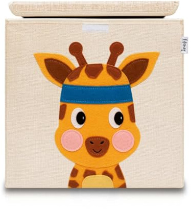 LIFENEY Caja de almacenaje con Tapa y Dibujo de Jirafa I Caja de Juguetes con Motivos de Animales Adecuada para Estantes Cúbicos I Caja de almacenaje para la Habitación de los Niños