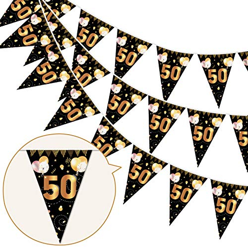HOWAF 50 Aniversario Pancarta Triángulo Oro Negro, Banderines Decoracion, Guirnalda Feliz cumpleaños de 50 años para Hombres y Mujeres, 7.4 x 10.8 Pulgadas