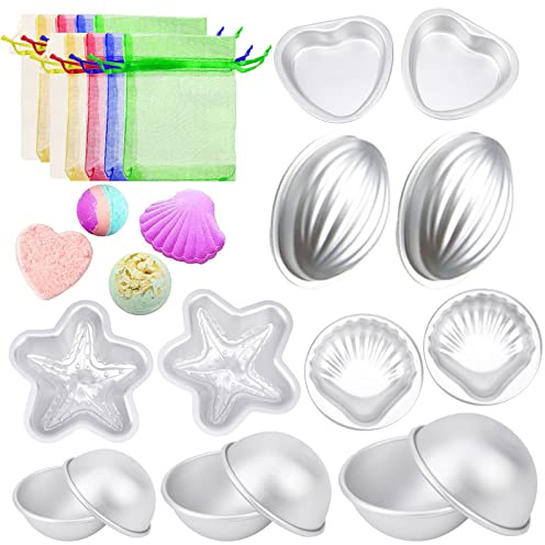 14 Stücke Badebomben Formen, Badebomben Machen für Badebomben Selber, Conch Seestern Halbe Kugeln Herz Jakobsmuscheln Badebomben Form mit Organza Beutel, DIY Badekugeln für Seifenherstellung