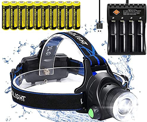 VISVIC USB Stirnlampe, Zoom Wiederaufladbare 18650 Stirnlampe mit 10 Stück 18650-Batterien und USB Ladegerät, wasserdicht, geeignet für Outdoor Laufen, Camping, Hundespaziergang, Wandern und Angeln
