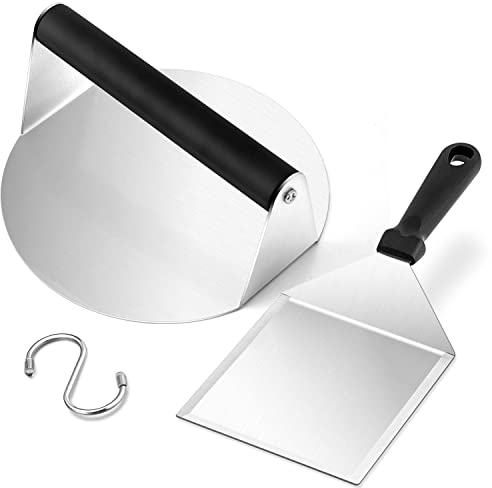 Leonyo Hamburger Spatula & 7 Inch Round Burger Press, Heavy Duty Griddle Metal Turner Flipper & Stainless Steel Smash Bacon Grill Press for Flat Top Teppanyaki BBQ Cheese Burger Patty, Plastic Handle