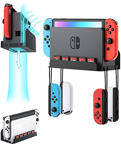 ZAONOOL Wall Mount for Nintendo Switch and Switch OLED, Metal Wall Mount Kit Shelf Accessories with 5 Game Card Holders and 4 Joy Con Brackets, Safely Store Switch Console Near or Behind TV, Black