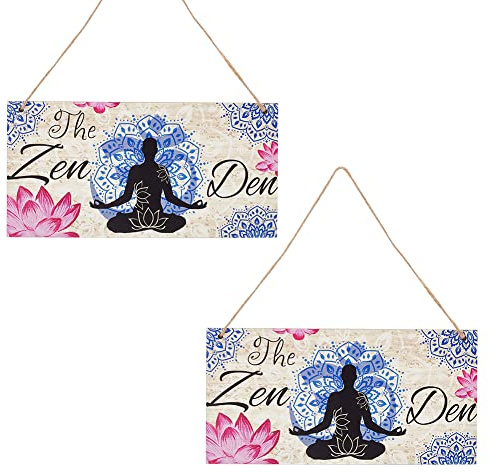 NBEADS 2 Sets The Zen Den Lotus Holzschild-Dekoration Mit Hängender Juteschnur, Lotus Yoga-Schild Yoga-Wandkunst Aus Holz Zum Aufhängen, 30x15 cm