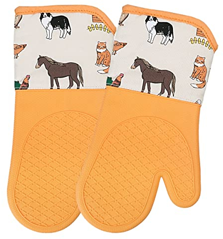 BBQ Gloves Heat Resistant – Oven Gloves for Cooking, Baking & Grilling – Silicone Cotton for Weber, Kamado BBQ, Pizza Oven– Barbecue Accessories & Charcoal Chimney Starter use (Farmer Kitchen)