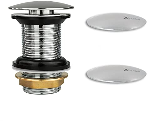 Xcel Home Chrom Pop-Up Ablaufgarnitur für Waschbecken ohne Überlauf | Massiv Messing Konstruktion für Badezimmer-Waschbecken, inkl. 2 Ersatzstecker-Deckel als Ersatzteil