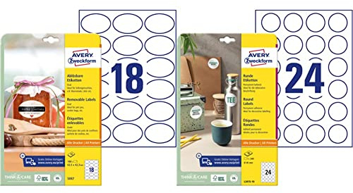 AVERY Zweckform 180 Flaschenetiketten selbstklebend (63, 5x42, 3 mm, Oval, für Einmachgläser, Gewürzgläser, Art. 5087) 10 Blatt Weiß & Runde Etiketten L3415-10 (240 Aufkleber auf 10 Blatt) weiß