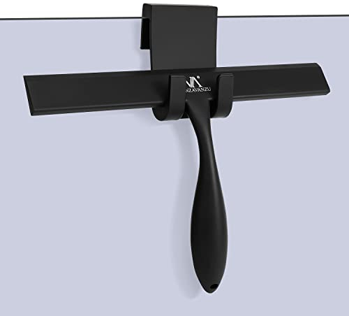 Shower Squeegee for Shower Glass Doors, Bathroom Squeegee for Shower, with No-Drilling Hanging Hook, Non-Slip Handle Silicone Squeegee for Mirror, Car, Window, Glass (Black)