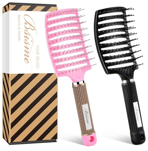 Bsisme 2Pcs Hairbrush for Women, Men and Kids, Detangling Curved Vent Brush for Long Thick Thin Curly Wet or Dry Hair, Styling Tool (Pink & Black)