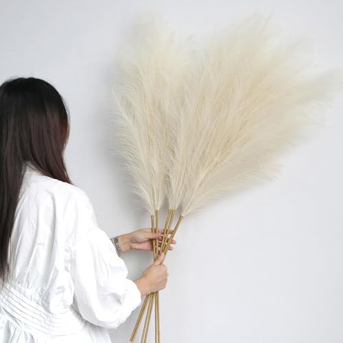 YiYa Artificial Pampas Grass Decoration 6 Pcs 113CM Large Pampas Grass Stems off White Fluffy Artificial Pampas Grass for Floor Vases Tall Plant Flowers Boho Home Decor Office Decor