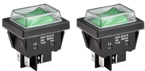 Heschen Hochstrom-Wippschalter, 30 A, 250 V AC, EIN/AUS, 2 Positionen, DPST, 4 Anschlüsse, T125, mit wasserdichter Abdeckung (2, Grün)