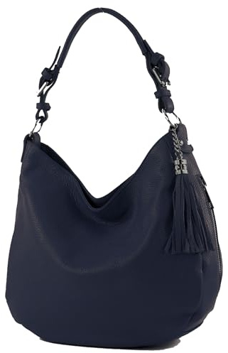 modamoda de T200 Damen Leder Schultertasche Henkeltasche handmade in Italy, Farbe:Dunkelblau
