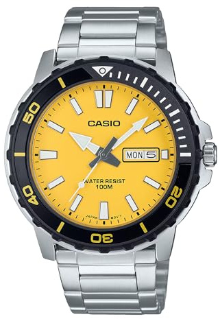 Casio MTD125D-9AV Montre analogique pour homme en acier inoxydable Cadran jaune Jour Date 100 m, Argenté, Sports