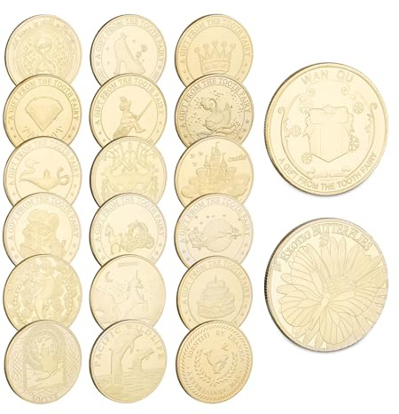 Relaxdays Monedas Ratoncito Pérez, 20 Unidades, 4 cm Ø, Diseño Cuento de Hadas, Regalo para Dientes Caídos Niños, Dorado