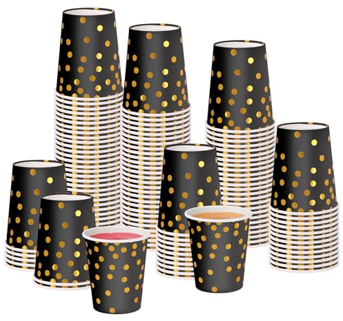 CEILIWEN Lot de 100 gobelets en papier de fête noir et doré, 250 ml, gobelets en papier à pois dorés, pour boissons chaudes et froides (noir et doré)