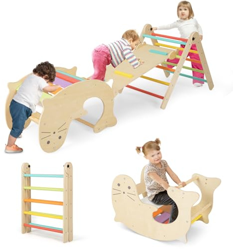 GOPLUS 6 in 1 Klettergerüst, Montessori Kletterdreieck mit klappbarer Leiter, Seelöwe Wippe, Kletterbogen und Rutsche, Indoor Sprossendreieck Spielplatz für Kinder von 3-14 Jahren (Bunt)