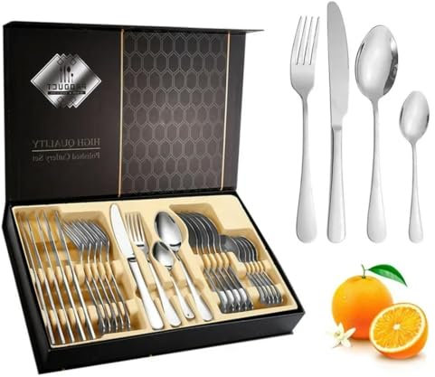 MYDESIDY Juego de 24 Cubiertos Dorados de Acero Inoxidable con luz especular, Cuchillo, Tenedor, Cuchara y cucharilla para Carne, Cubiertos para Restaurante con Caja de Regalo