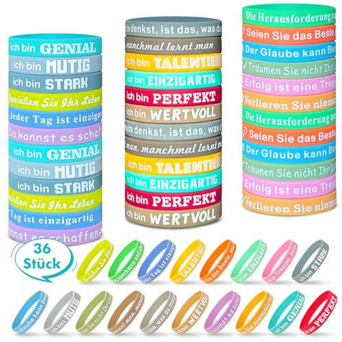 Gigmeta 36 braccialetti motivazionali in tedesco, 20,5 cm, silicone, 18 stili, frasi positive, motivanti, regalo per bambini e colleghi, 20,5 cm