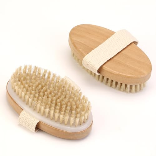 Rnodoilkfly Lot de 2 brosses sèches, brosses exfoliantes en poils naturels, brosse pour le corps, brosse à sec pour le drainage lymphatique, la circulation sanguine, brosse humide et sèche,