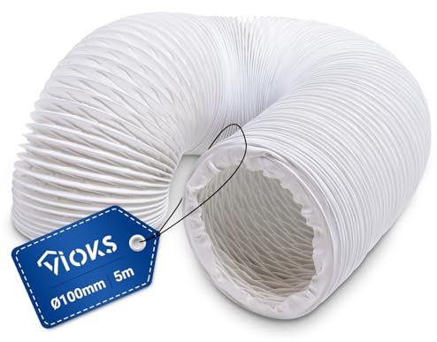 VIOKS Tuyau d'évacuation d'air pour climatiseur, 5 m, tuyau de ventilation 100 mm, blanc, en PVC, pour hotte aspirante, climatisation, sèche-linge, tuyau flexible pour systèmes de circulation d'air de