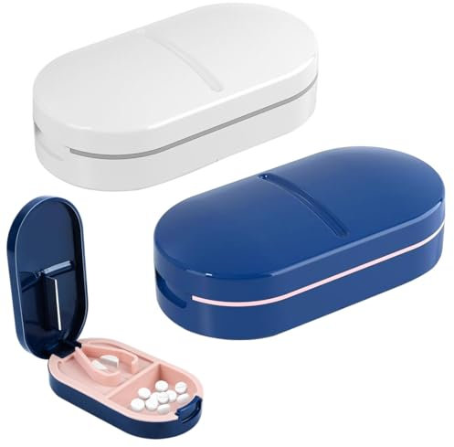 Tablettenteiler, 2 Stück Tablettenteiler für Kleine und Große Tabletten, Tablettenschneider mit Aufbewahrungsfach, Tragbarer Pillenschneider mit Scharfen Klingen für Reise & täglichen Gebrauch