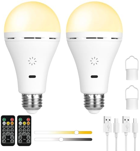 AUAUY USB C Rechargeable Camping Light with Remote & Hook, E27-2 Pack | Touch Control LED Tent Light with Timer, 3 Color Temperatures + Stepless Dimmable Hanging Tent Lamp for Outdoor Camping