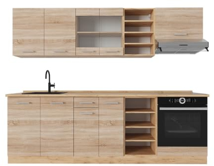 Vicco Küchenzeile R-Line, Sonoma/Goldkraft Eiche, 240 cm | 10 Module · Höhenverstellbare Füße · Ohne Arbeitsplatte · Robuste Fronten · Mit Herdumbauschrank · Frei kombinierbar