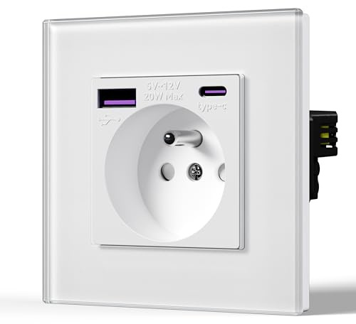 BSEED Prise Murale avec 20W USB C,Chargeur Rapide Multiprises,16A Prise avec Cristal,Prise de courant à Encastrer,1 Prise,86mm Blanc