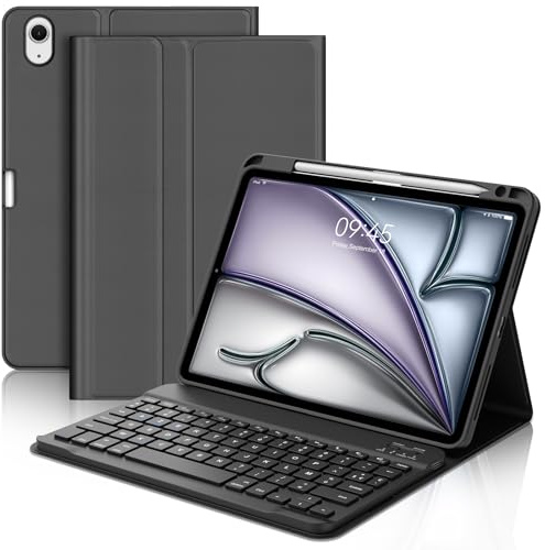 Coque Clavier pour iPad Air 11 Pouces (M3 2025, M2 2024), AZERTY Français Housse Clavier Bluetooth Magnétique Détachable avec Porte Crayon pour Tablette iPad Air 10.9 (5e/4e Génération), Noir