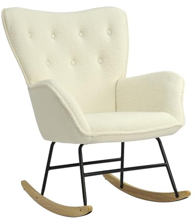 HaiYiZuhause Schaukelstuhl Sessel Relaxsessel Schaukelsessel Schwingstuhl, gepolstert, mit Holzkufen, für Wohnzimmer Schlafzimmer Balkon, Beige