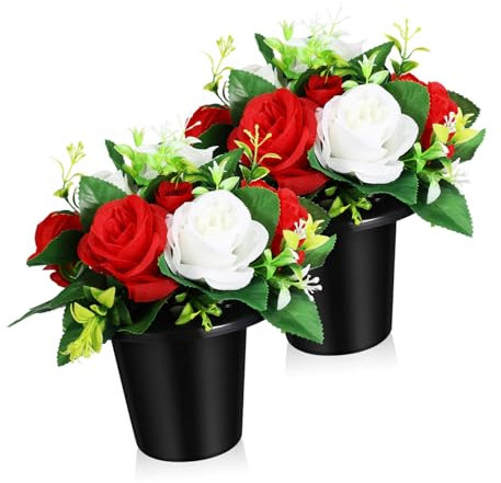 FUTUREORYY Fleurs Artificielles pour Cimetière en Pot 2 Pièces Blanc Et Rouge, Décorations Extérieures De Tombe Compactes Et Solide, Résistance Aux Intempéries pour Souvenir sans Entretien