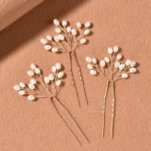 3 Stück Braut Hochzeit Haarnadeln,Perle Haarspangen,Kopfschmuck,Brautschmuck,Haare U-förmig Haarschmuck,Wedding Hair Accessories für Hochzeitsgäste Damen und Mädchen,Gold