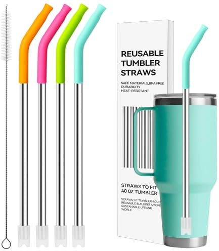 Bluwing Metal Straws with Silicone Tip for 42 oz YETI Tumbler, 4 Pcs Reusable Stainless Steel Straws for 42 oz YETI, 30oz Stanley Cup(Color 4)