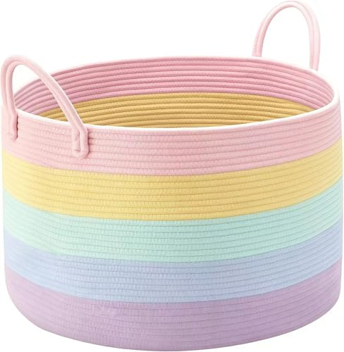 65L Large Storage Basket, Handwoven Storage Organiser with Sturdy Handles,Rainbow Striped Laundry Hamper, Portable Foldable Hamper for Clothes, Toys, Books, Home & Nursery（50×33cm）