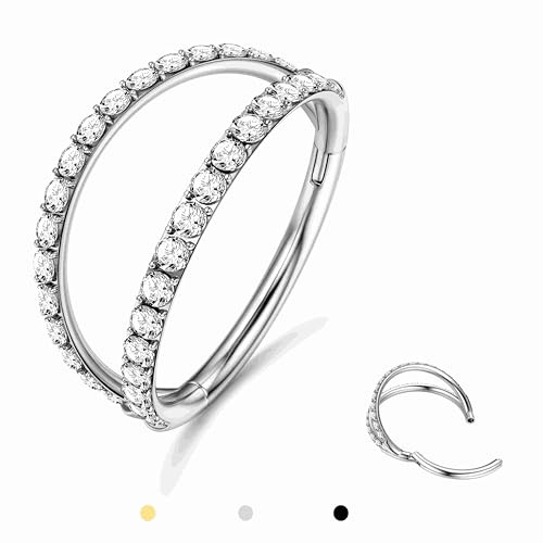BodyBonita Doppio Piercing Naso Anello - Argento 316L Acciaio Chirurgico Septum Piercing Clicker 16G CZ Conch Jewellery Cartilagine Nostril Orecchino Naso Helix Rook Trago 12 mm