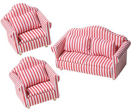 GARVALON 3 Stück Miniatur Puppenhaus Sofa Gestreift Rot weiß Miniatur Couch und Sessel Figuren Detailgetreue Puppenmöbel für Sammler