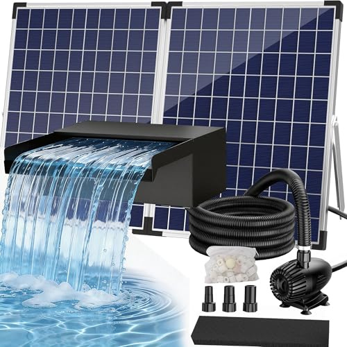 Biling 70W Edelstahl Solar-Wasserfall Set Komplett mit Pumpe und Filter 2500L/H 32 cm Waterfall Blade für Gartenteich Koiteich Schwimmteich Wasserspiel Garten Deko Wasserkaskade Cascade